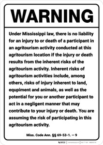 Warning: Mississippi Agritourism Liability MS - Wall Sign